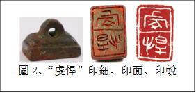      
圖2、“虔悍”印鈕、印面、印蛻
